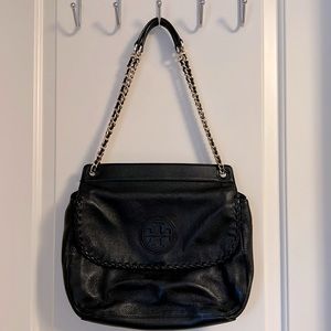 Tory Burch black leather flap shoulder handbag